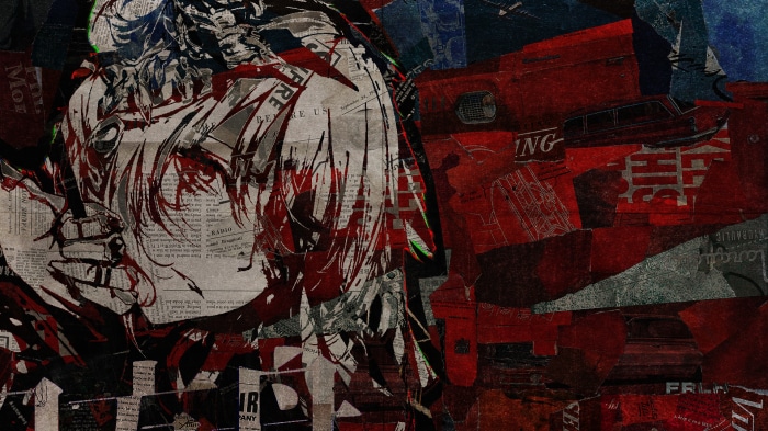 Girl with red and white abstract collage