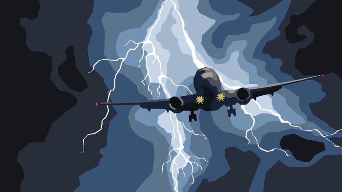 Airplane flying through a lightning storm