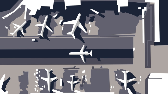 Airplanes flying over abstract city
