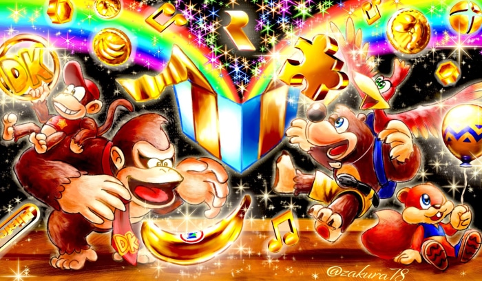 Donkey Kong and Banjo-Kazooie characters with game items