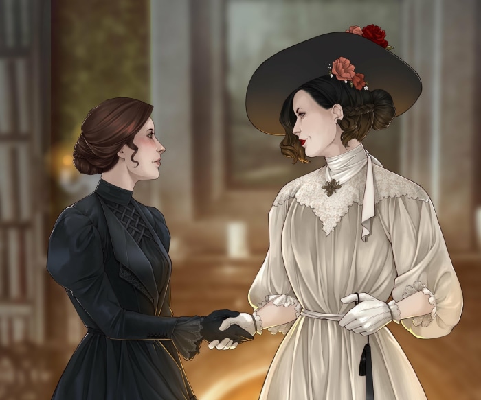 Alcina Dimitrescu and woman shaking hands