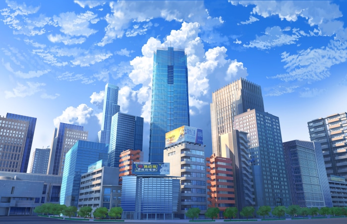 Cityscape with Tall Buildings and Blue Sky 4K