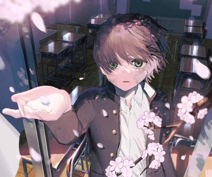Boy in school uniform with bandages and cherry blossoms