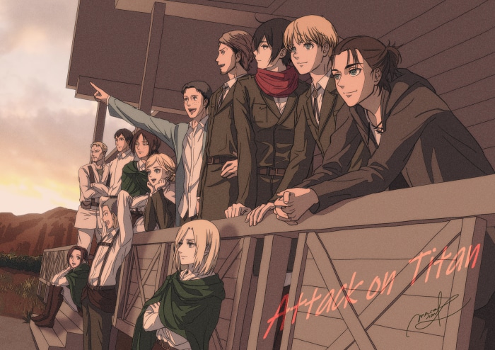 Attack on Titan characters on a balcony