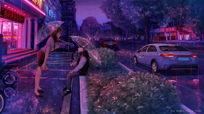 Rainy Night Street Scene with Umbrellas