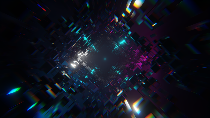 Abstract digital tunnel with geometric shapes and light effects