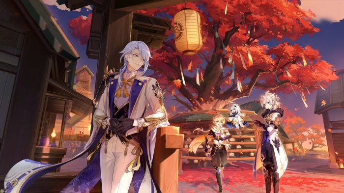 Kamisato Ayato, Paimon, Albedo, and Aether from Genshin Impact