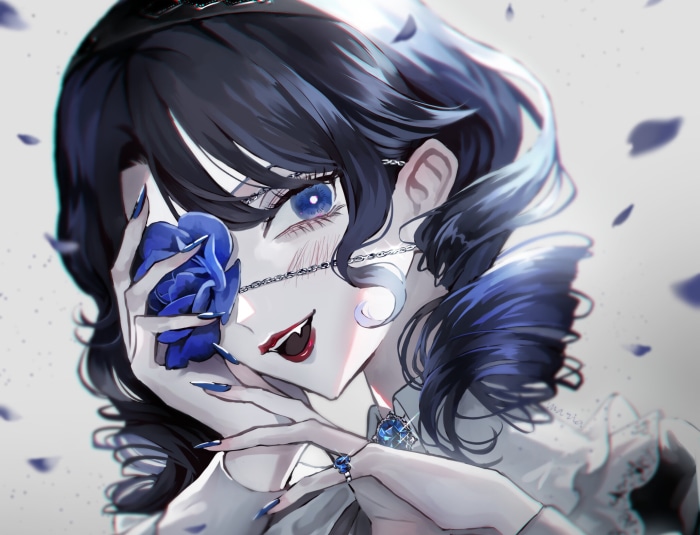 Girl with black hair and blue eyes holding a blue rose