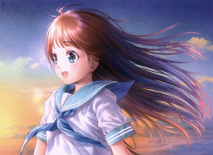 Girl with brown hair and blue eyes in a school uniform