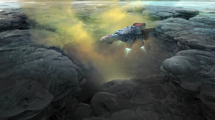 Spaceship flying through rocky alien landscape with yellow fog