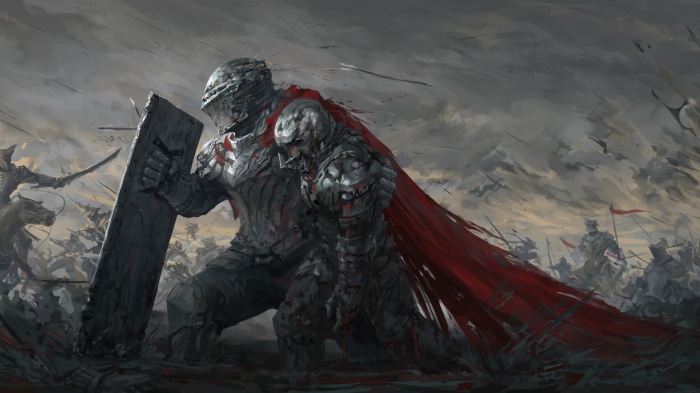 Armored knights in red capes on a battlefield