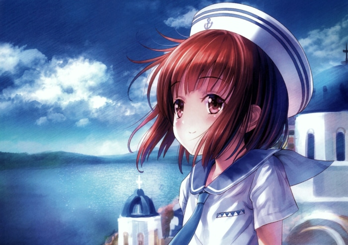 Girl in sailor uniform by the sea
