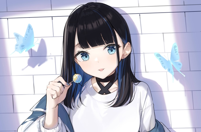 Anime girl with black hair and blue eyes holding lollipop