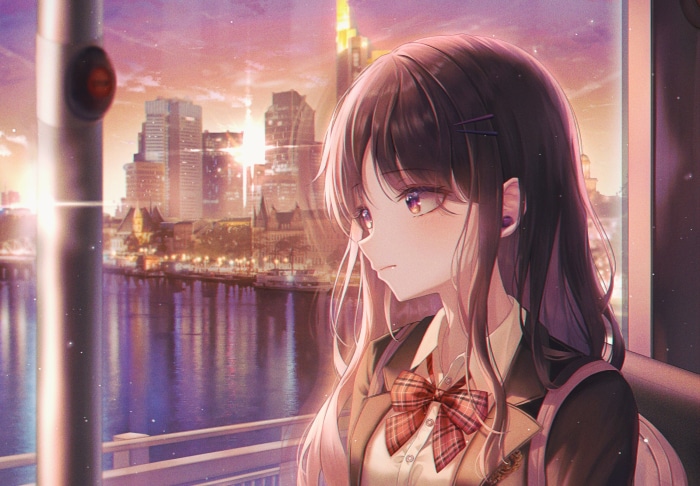 Girl in School Uniform by the River at Sunset