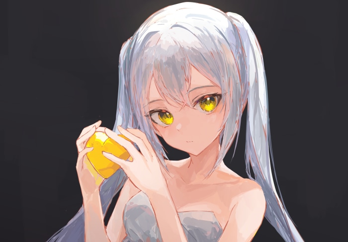 Girl with Grey Hair and Yellow Eyes Holding a Heart