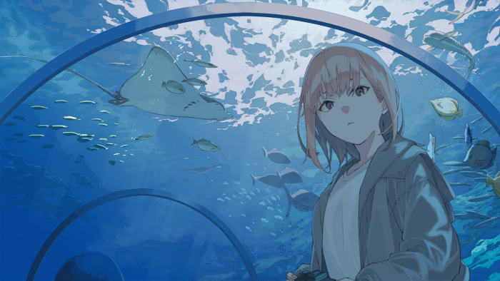 Girl at Aquarium with Stingray and Fish