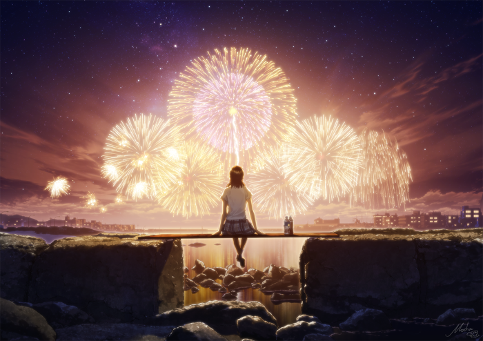 Girl watching fireworks over a city
