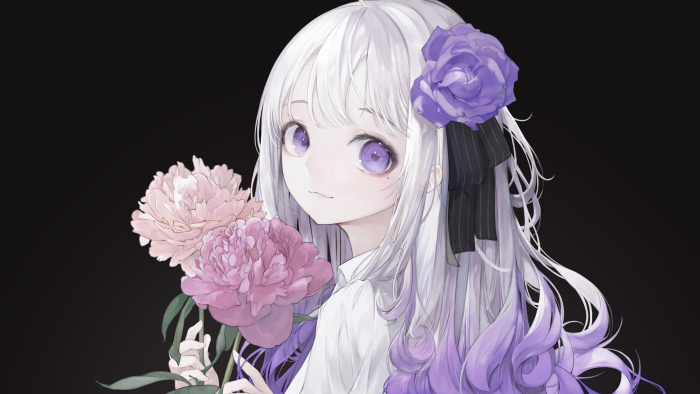Girl with Purple Eyes and Flowers 4K