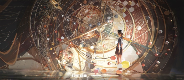 Girl in front of a large clockwork mechanism