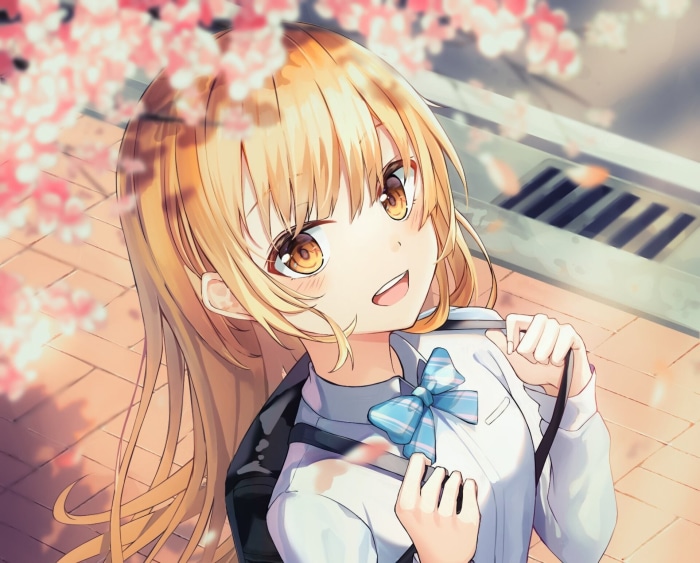Anime girl with blonde hair and blue bow