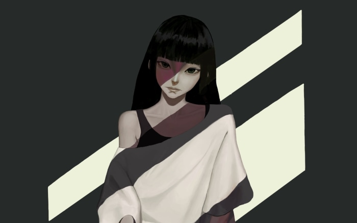 Girl with black hair and striped background