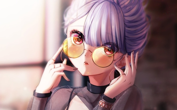 Anime girl with purple hair and glasses