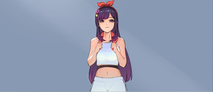 Girl with purple hair and a red bow