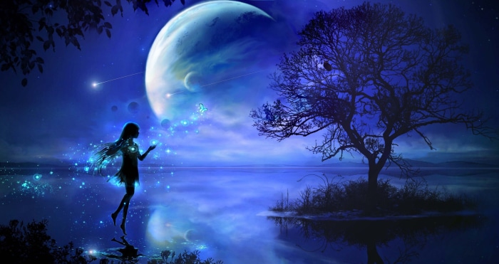 Girl with glowing particles near a planet and tree