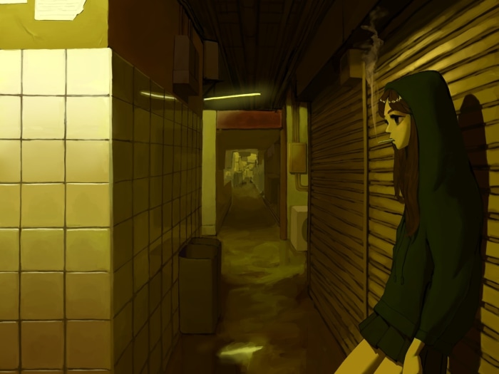 Girl with brown hair smoking in alley