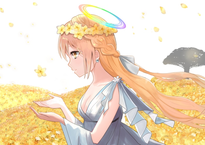 Anime girl with flower crown and halo in field