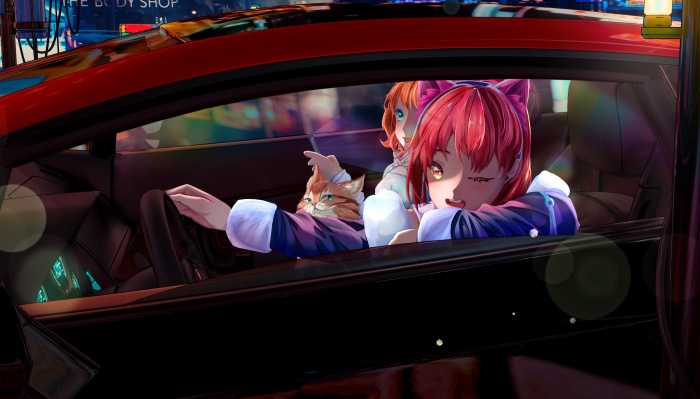 Anime girls and cat driving a car