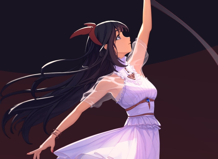 Girl in a white dress with a red bow