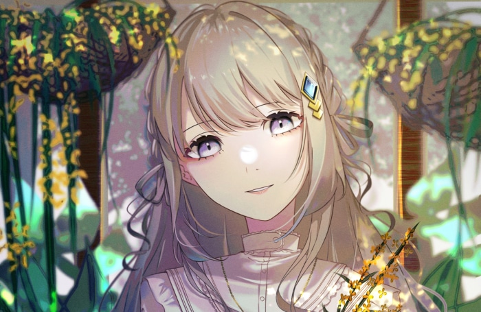 Anime girl with blonde hair and purple eyes