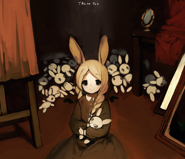 Girl with bunny ears and stuffed bunnies