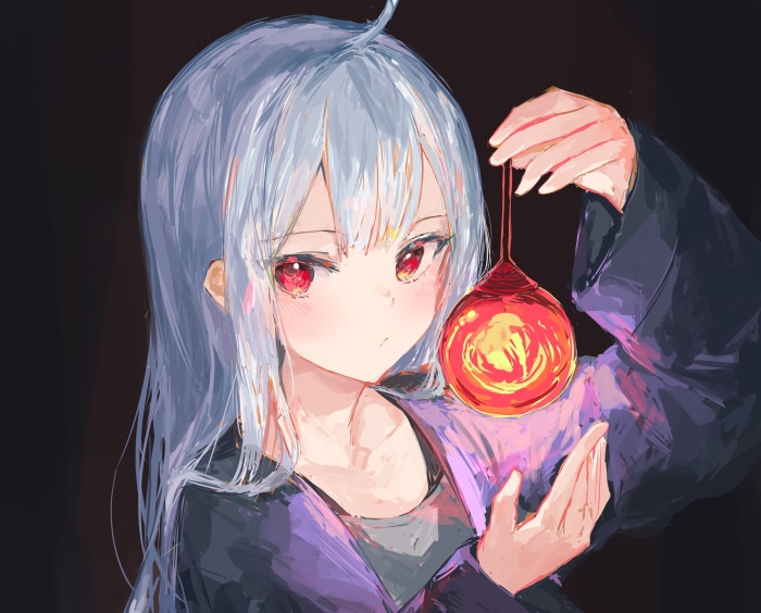 Girl with Red Eyes and Grey Hair holding a red orb