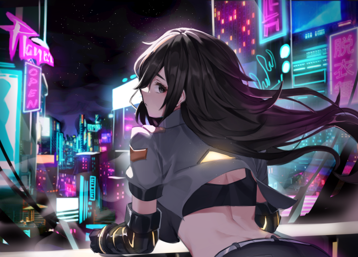 Girl with black hair in a neon city at night