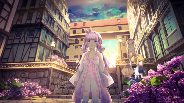 Anime girls in a European-style town square