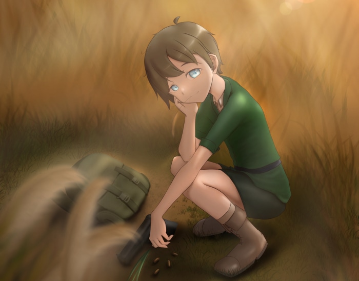 Boy with a gun and backpack in a field