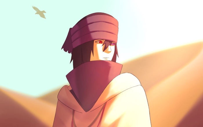 Sasuke Uchiha from Naruto in a desert