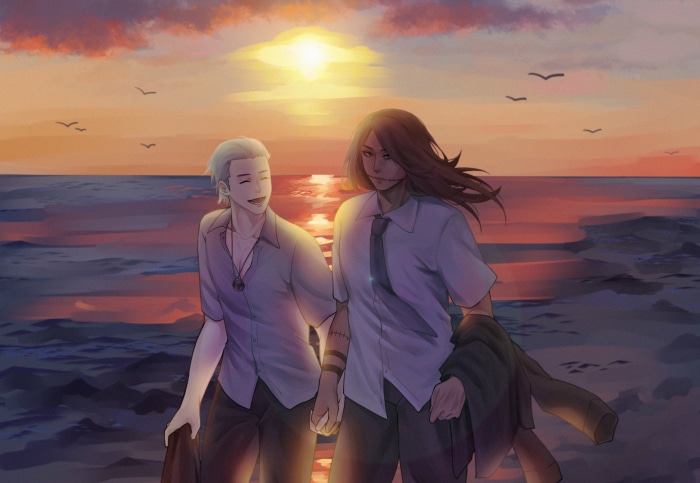 Kakuzu and Hidan from Naruto walking on a beach at sunset