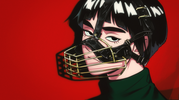 Rock Lee from Naruto wearing a muzzle