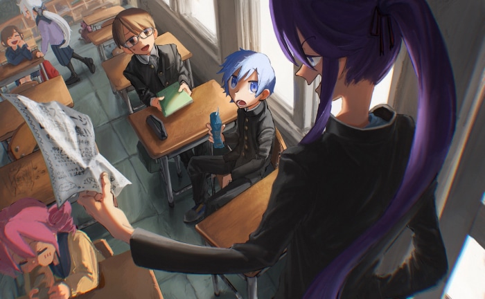 Anime characters in a classroom setting
