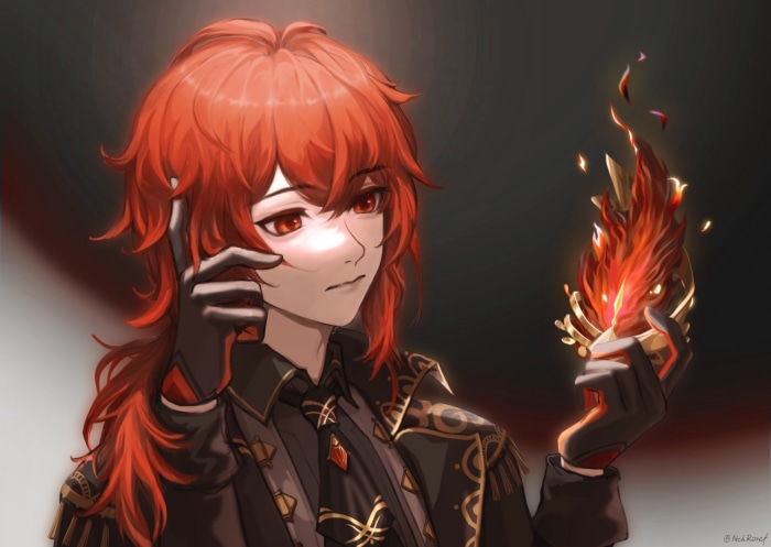 Diluc from Genshin Impact holding fire