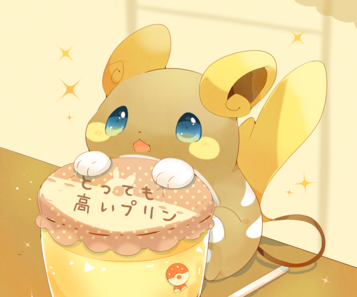 Raichu from Pokémon holding a pudding cup