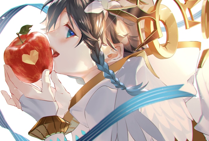 Venti from Genshin Impact with an apple