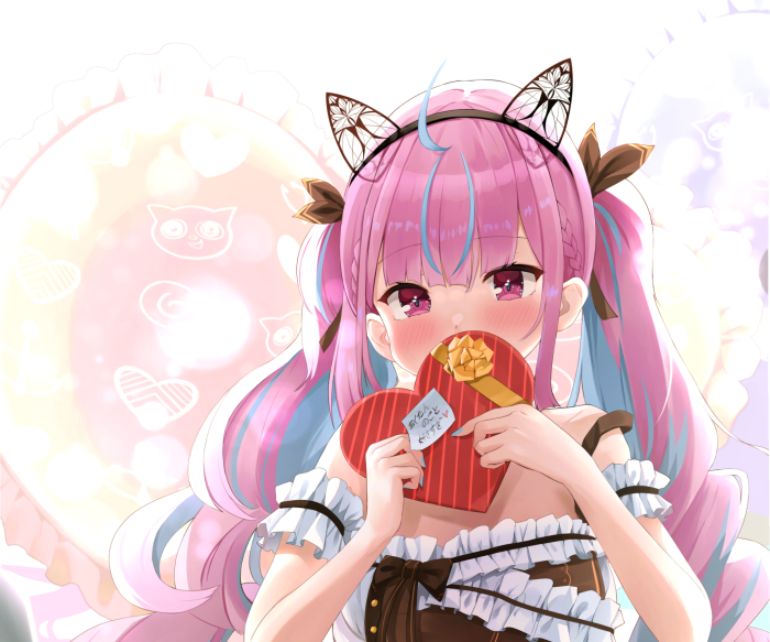 Minato Aqua from Hololive holding a heart-shaped chocolate box