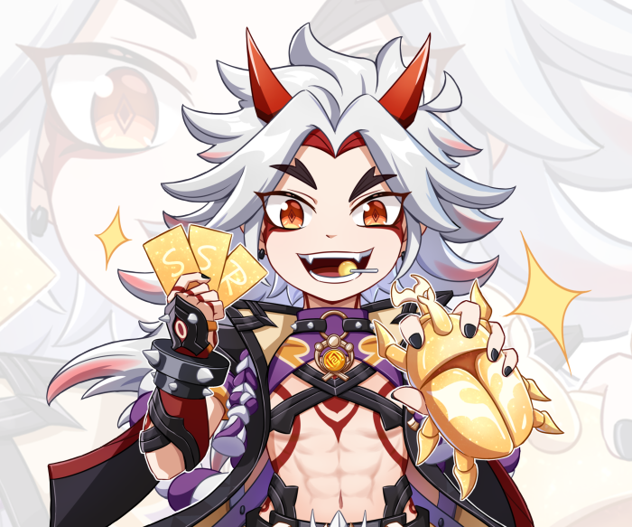 Arataki Itto from Genshin Impact holding cards and a beetle