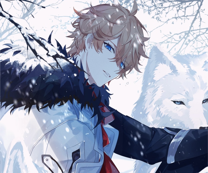Tartaglia Childe from Genshin Impact with a white wolf
