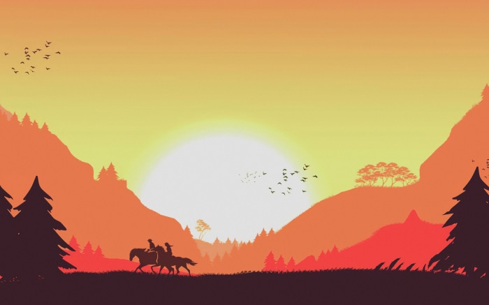 Two people on horseback in a mountain landscape at sunset