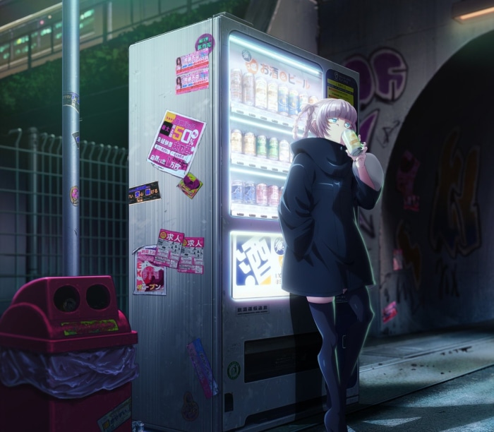 Nazuna Nanakusa from Call Of The Night drinking from a can